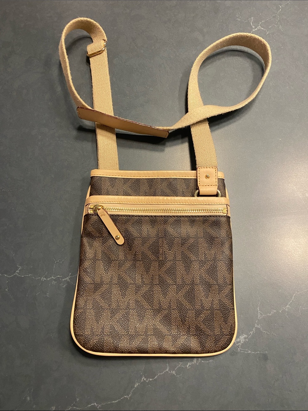 Michael Kors Brown Logo Messenger Bag with Tan Trim
